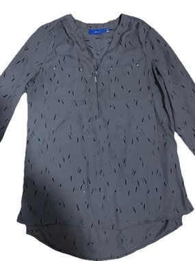 APT.9 Women’s Gray Abstract Zip Front Roll Tab Sleeve V-Neck Blouse XS